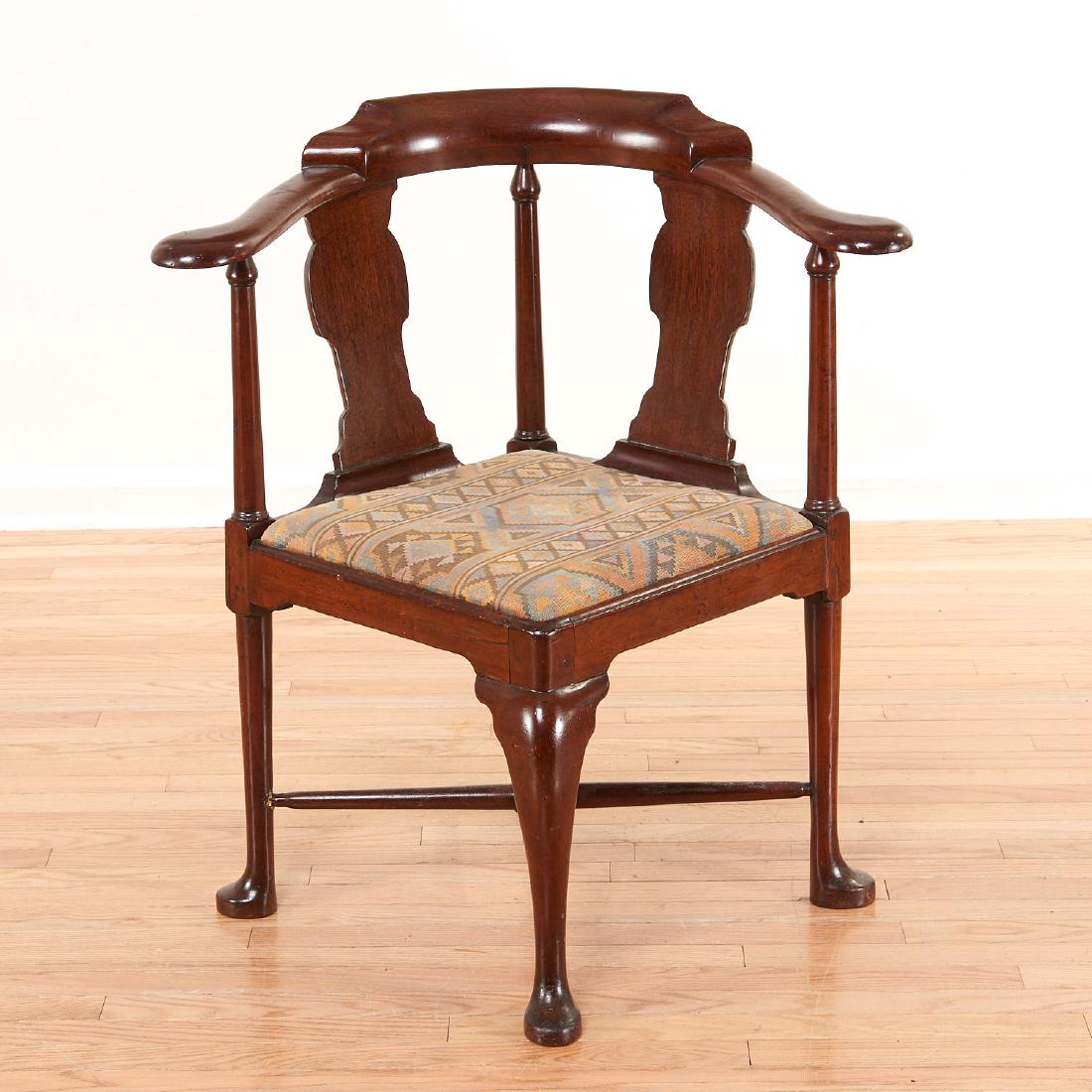 Antique English mahogany corner chair: Antique English mahogany corner chair, 18th c., unmarked, 33.5"h x 30.5"w x 26.5"d Provenance: Palmetto Hall: The Jay P. Altmayer Family Collection