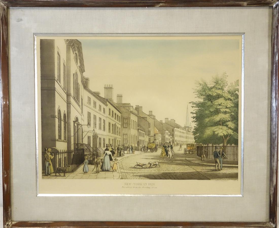Louis Augier, Downtown NYC color aquatint: Louis Augier, Downtown NYC color aquatint, Louis Augier (after Thomas Horner), "New York in 1826, Broadway from the Bowling Green", published by Sidney Lucas, engraved in aquatint, 16.75"h x 22"w (sig