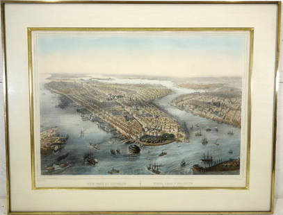 Thomas Muller, NYC color lithograph: Thomas Muller, NYC color lithograph, Thomas Muller (19th c.), "New York et Brooklyn", published by Simpson, 18.5"h x 25.25"w (sight), 24.5"h x 34.25"w (frame size), matted and framed under glass Prove