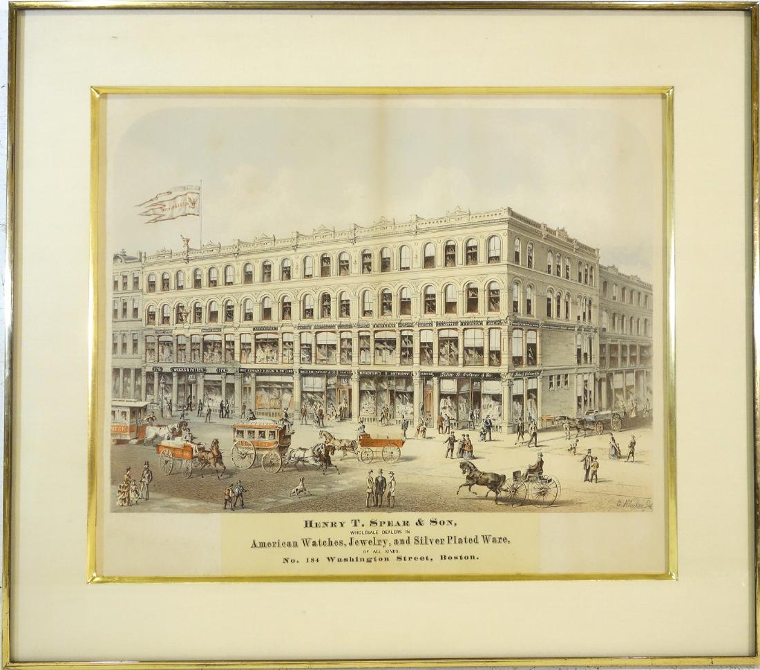 G. Klucken, Boston color lithograph: G. Klucken, Boston color lithograph, G. Klucken, "Henry T. Spear & Sons, Wholesale Dealers in American Watches, Jewelry... Boston...", 17"h x 20.25"w (sight), 23.25"h x 26.25""w (frame size), matted a