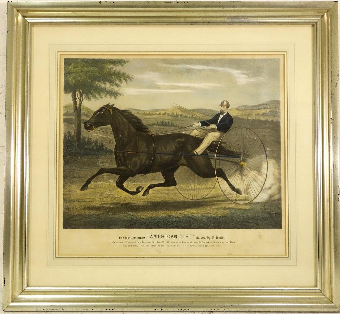 Currier & Ives, trotter color lithograph: Currier & Ives, trotter color lithograph, Currier & Ives (American, 19th c.), "The trotting mare 'American Girl' driven by M. Roden", c. 1870, after Kelly, published by Currier & Ives, 152 Nassau St.,