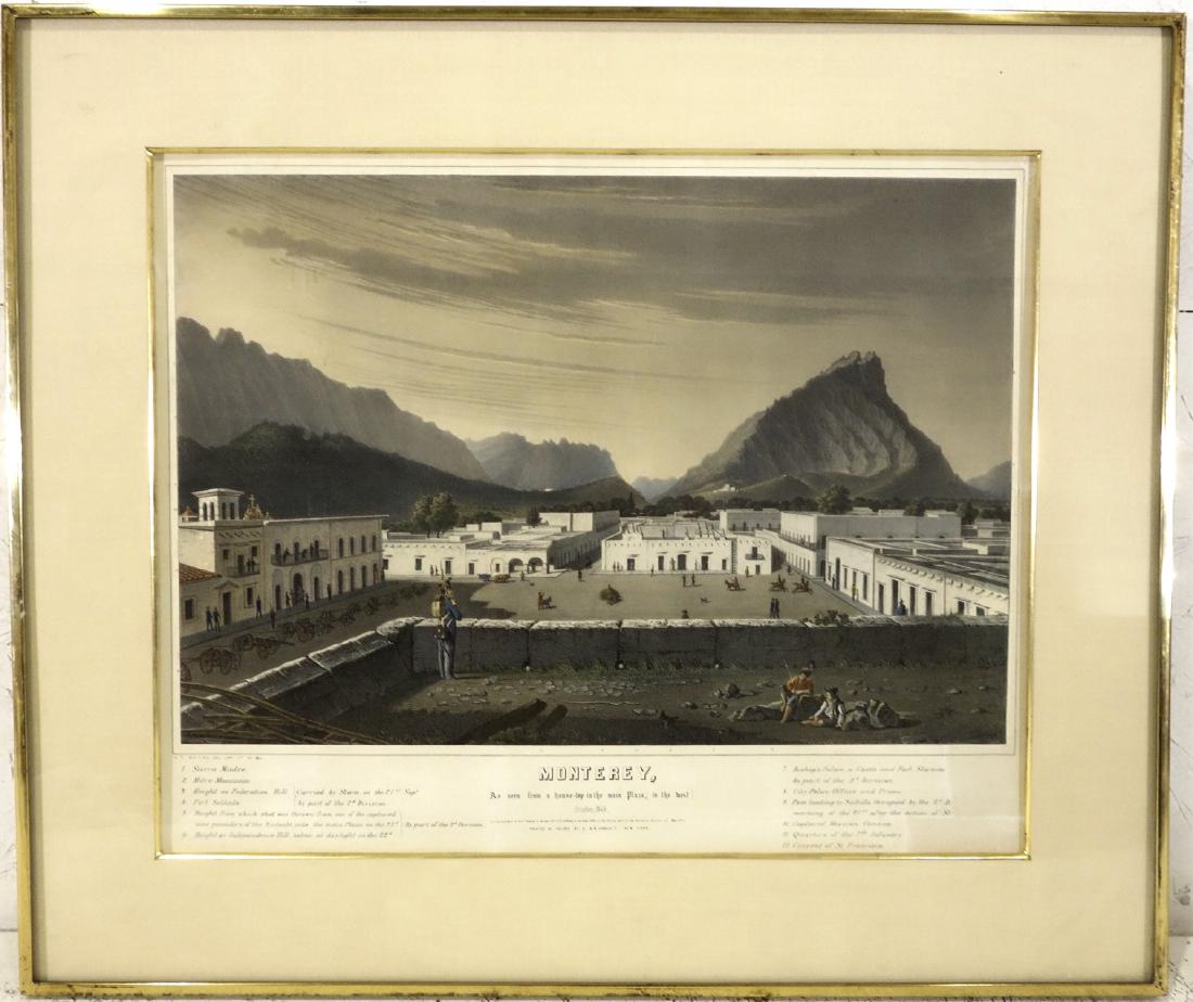After D.P. Whiting, Monterey Mexico, color lithograph: After D.P. Whiting, Monterey Mexico, color lithograph, After Daniel Powers Whiting (American, 1808-1892), "Monterey - As seen from a house-top in the main Plaza, (to the west)", printed by G & W Endic