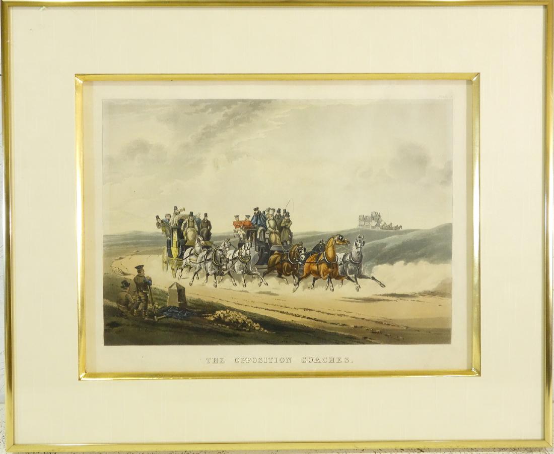 Charles Cooper Henderson, coaching scene engraving: Charles Cooper Henderson, coaching scene engraving, Charles Cooper Henderson (British, 1803-1877), "The Opposition Coaches", 1837, 12.25"h x 16.25"w (sight), 18.25"h x 22.25"w (frame size), matted and