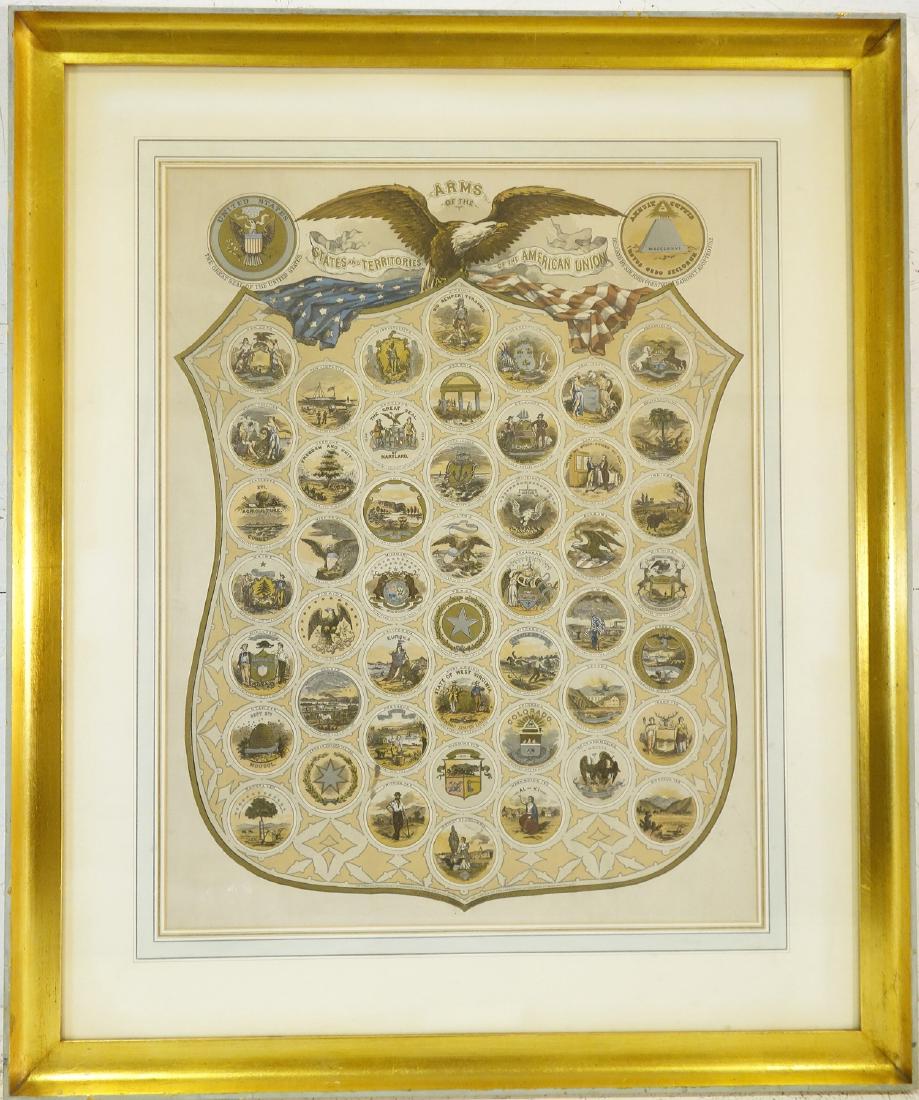 A.J. Connell, State Coats of Arms color lithograph: A.J. Connell, State Coats of Arms color lithograph, A.J. Connell (19th c.), "Arms of the States and Territories of the American Union", 1876, composite of the seals of the American States and Territor