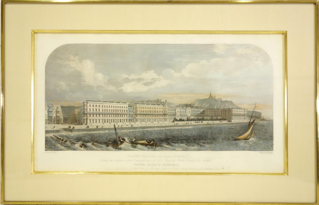 J.W. Lowry, Hastings color engraving: J.W. Lowry, Hastings color engraving, J.W. Lowry (19th c.), "Crown Estate, Hastings", 13.5"h x 24"w (sight), 19.5"h x 30.5"w (frame size), archival quality mat and welded brass frame under glass Prove