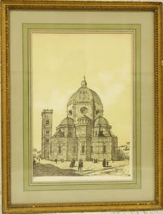 Th. Muller, Florence cathedral color lithograph: Th. Muller, Florence cathedral color lithograph, Thomas Muller (19th/20th c.), "Cathedrale de Sainte Marie des Fleures", 18"h x 12.25"w (sight), 25.25"h x 19.5"w (frame size), matted and framed under