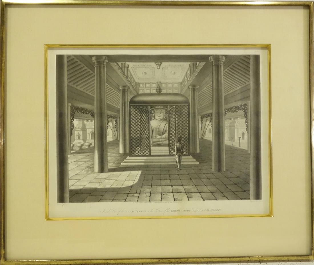 G. Hunt, Temple Rangoon aquatint: G. Hunt, Temple Rangoon aquatint, George Hunt (British, 19th c.), "Inside View of the Gold Temple on the Terrace of the Great Dagon Pagoda at Rangoon", c.1825, 12"h x 15.75"w (sight), 18.25"h x 22"w (