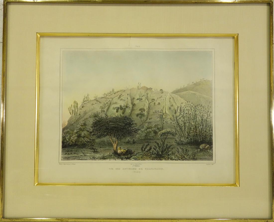 Sabatier, color lithograph Valparaiso: Sabatier, color lithograph Valparaiso, Leon Jean Baptiste Sabatier (French, d.1887), "Vue des Environs de Valparaiso" (Chili), 13"h x 17"w" (sight), 19"h x 23.25"w (frame size), matted and framed unde