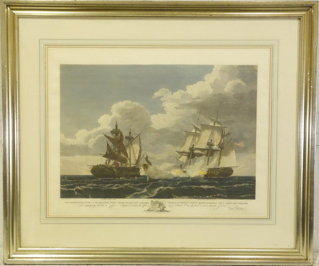 Thomas Birch, American naval color engraving: Thomas Birch, American naval color engraving, After Thomas Birch (American, 1779-1851), "The U.S. Frigate United States Capturing the Macedonian", 22"h x 29"w (sight), 34"h x 40.5"w (frame size), matt