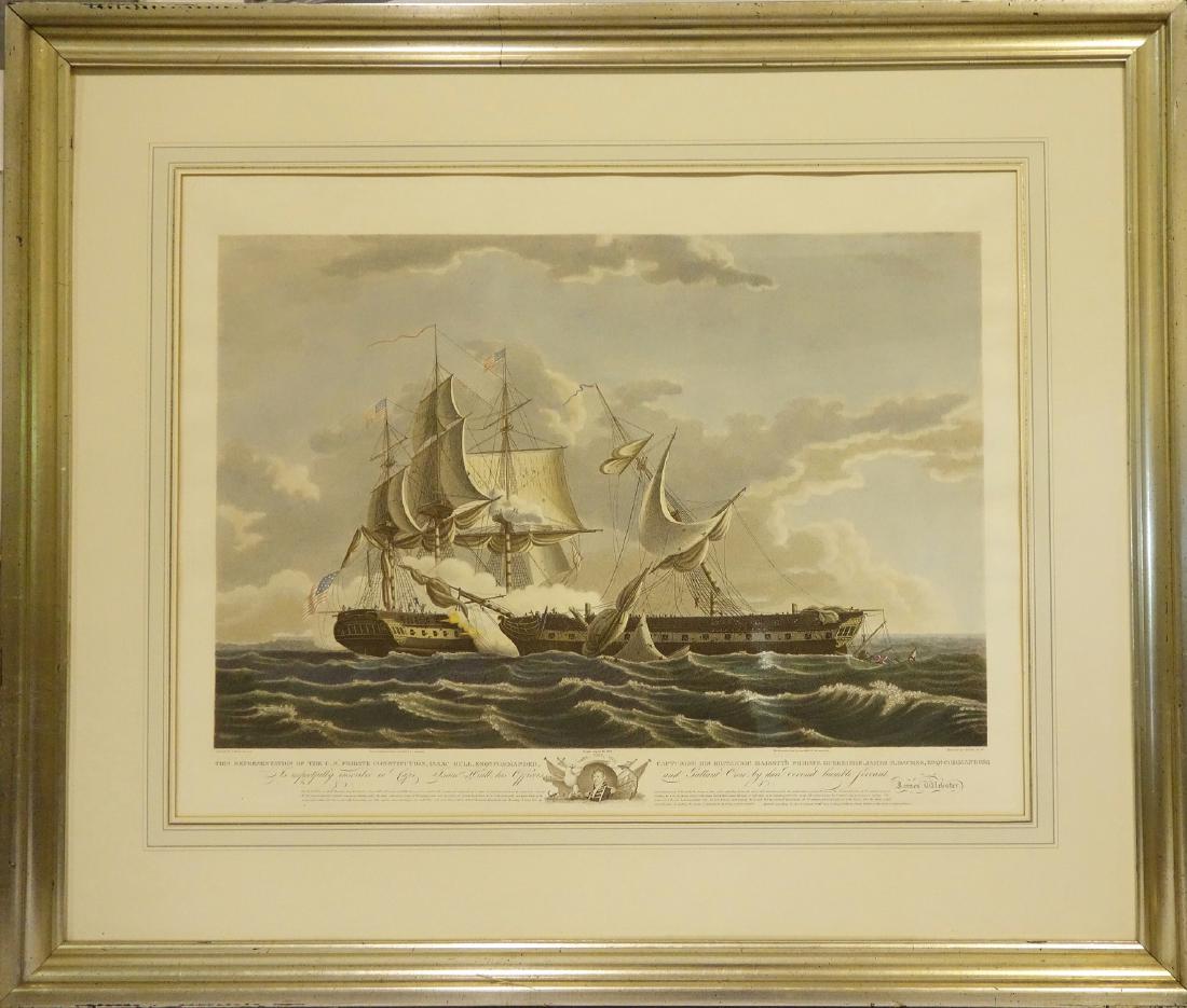 Thomas Birch, American naval color engraving: Thomas Birch, American naval color engraving, After Thomas Birch (American, 1779-1851), "The U.S. Frigate Constitution Capturing The Guerriere", c. 1813, engraved by Tiebout, 22"h x 28.75"w (sight), 3