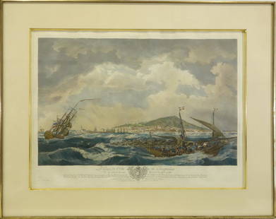 C.N. Cochin, 18th c. French naval engraving: C.N. Cochin, 18th c. French naval engraving, Charles-Nicolas Cochin (French, 1715-1790), "Le Port de Celte en Languedoc", c. 1762, 22.5"h x 30.5"w (sight), 30.5"h x 38.25"w (frame size), matted and fr