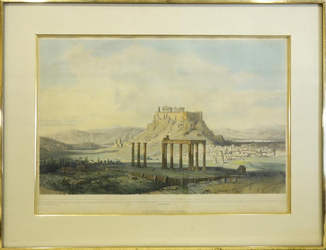 Continental School, color engraving Athens: Continental School, color engraving Athens, Continental School (19th. c), "Vue Generale D'Athenes", 15"h x 22.25"w (sight), 21.75"h x 28.25"w (frame size), matted and framed under glass Provenance: Pr