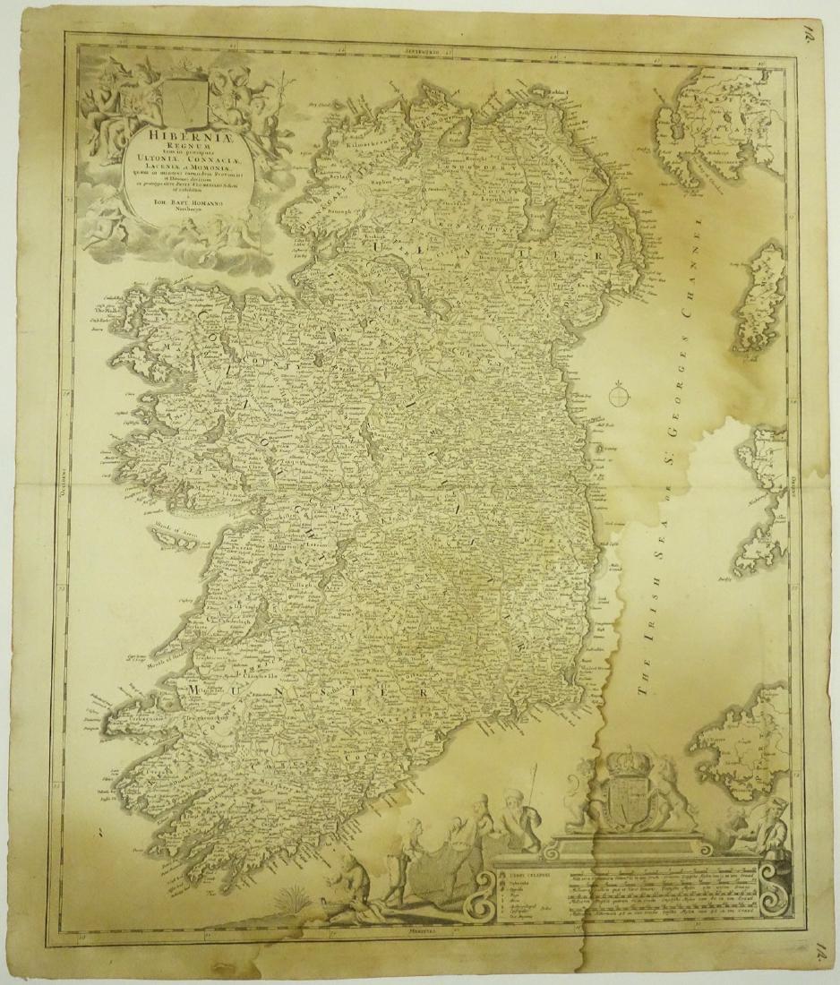 J.B. Homann, 18th c. map of Ireland: J.B. Homann, 18th c. map of Ireland, Johann Baptist Homann (German,1664-1724), "Hiberniae Regnum tam in Praecipuas Ultoniae, Connaciae, Laceniae et Momoniae quam in Minores", c. 1720, 24"h x 20.5"w (s