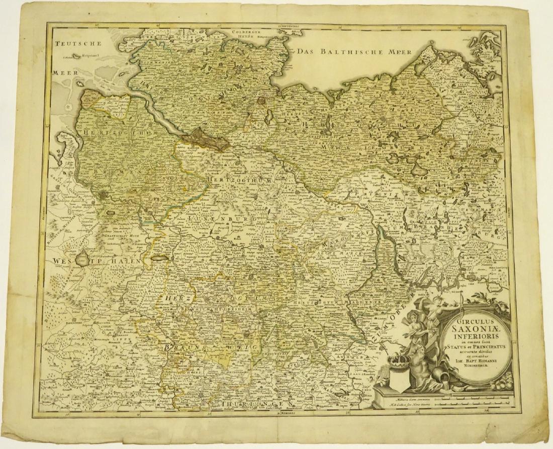 J.B. Homann, 18th c. map of Saxony: J.B. Homann, 18th c. map of Saxony, Johann Baptist Homann (German,1664-1724), "Circulus Saxoniae inferioris", c. 1740, including Bremen, Berlin, and LÃ¼beck, 20.75"h x 24.5"w (sheet), unframed Prove