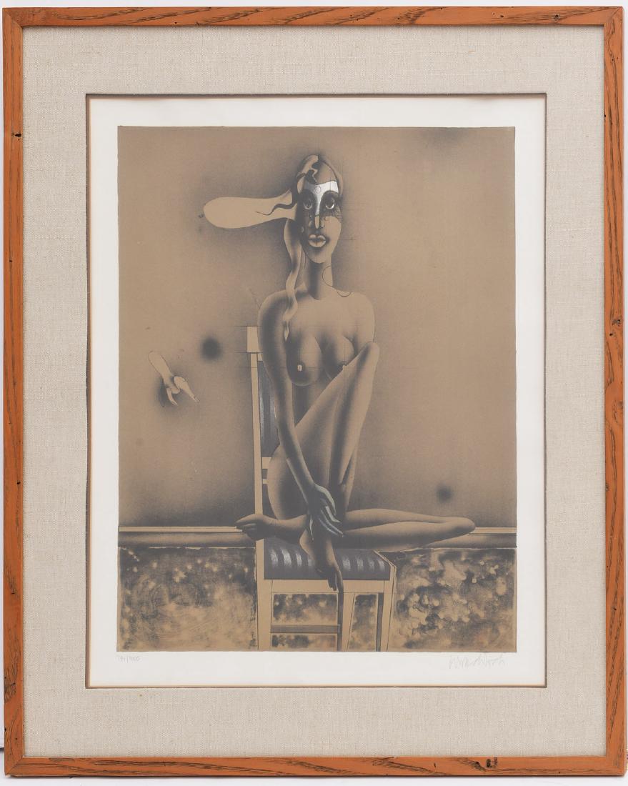 Paul Wunderlich, lithograph: Paul Wunderlich, lithograph, Paul Wunderlich (German, 1927-2010) Seated surrealist nude, lithograph, pencil signed and numbered (794/1000), 21"h x 16"w (sight), 31"h x 25.5"w (framed)