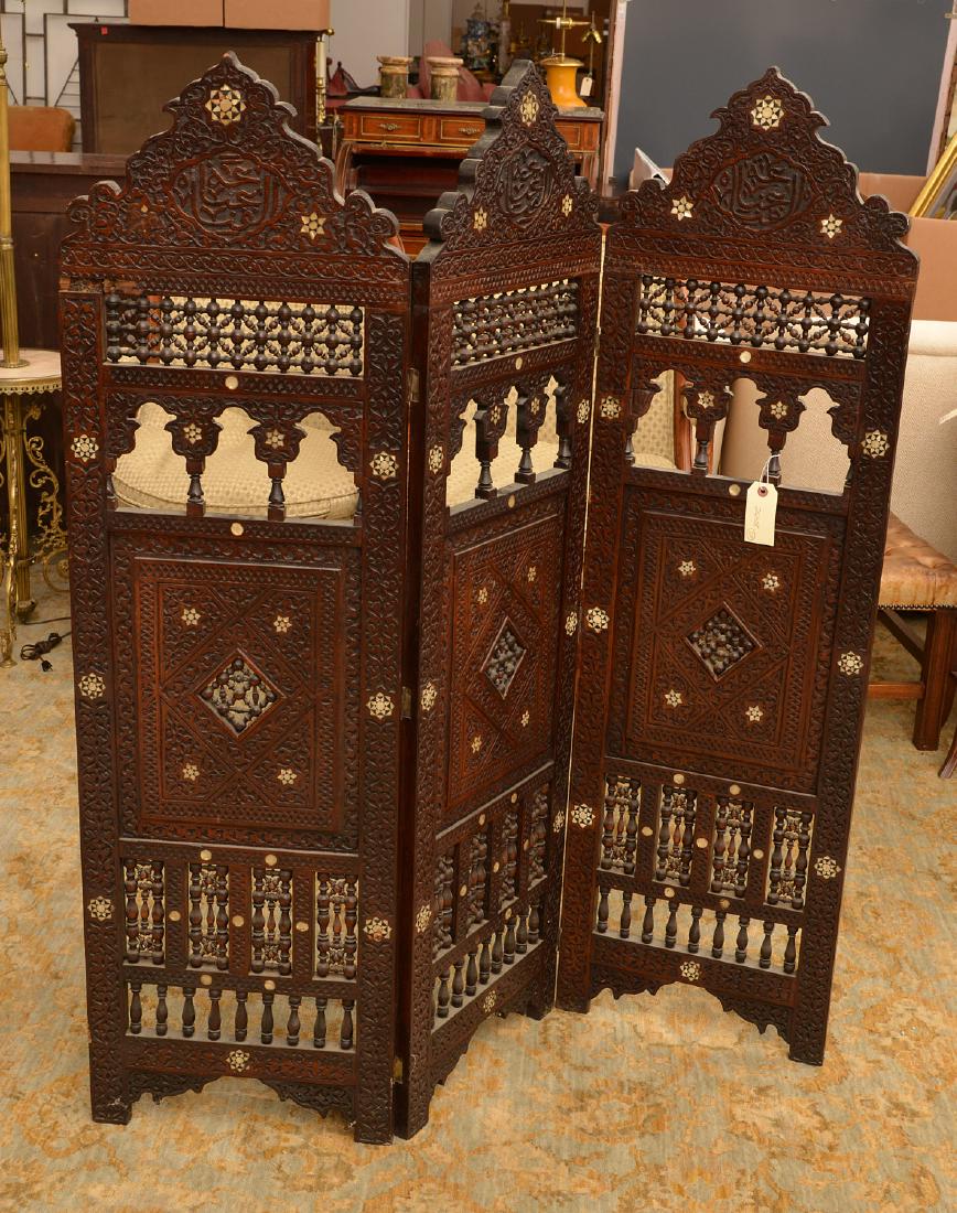 Moroccan carved, inlaid 3-panel folding screen (1 of 10)