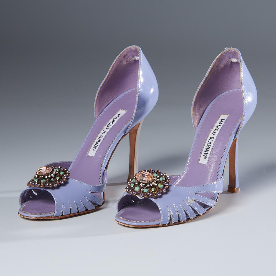 Manolo Blahnik lilac leather patent pump shoes: Manolo Blahnik lilac leather patent pump shoes, Early 2000's, DÃ“rsay style with jewel embellishment, peep toe, 4" heel, size 36 Provenance: From a New Canaan, CT single owner clothing collection