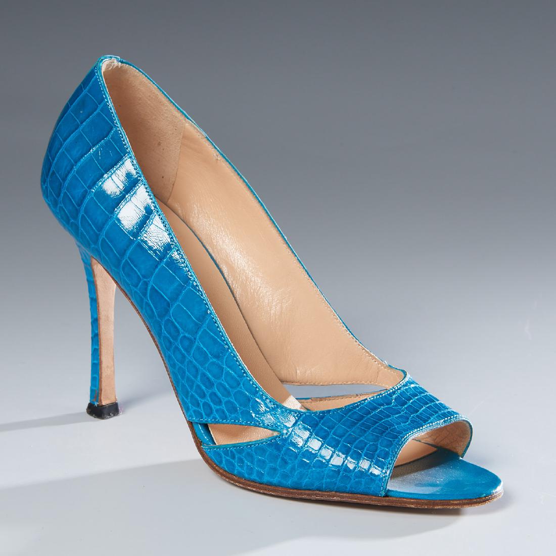 Manolo Blahnik turquoise alligator pump shoes: Manolo Blahnik turquoise alligator pump shoes, Early 2000's, peep toe with side cutouts, 3.75" heel, size 36 Provenance: From a New Canaan, CT single owner clothing collection