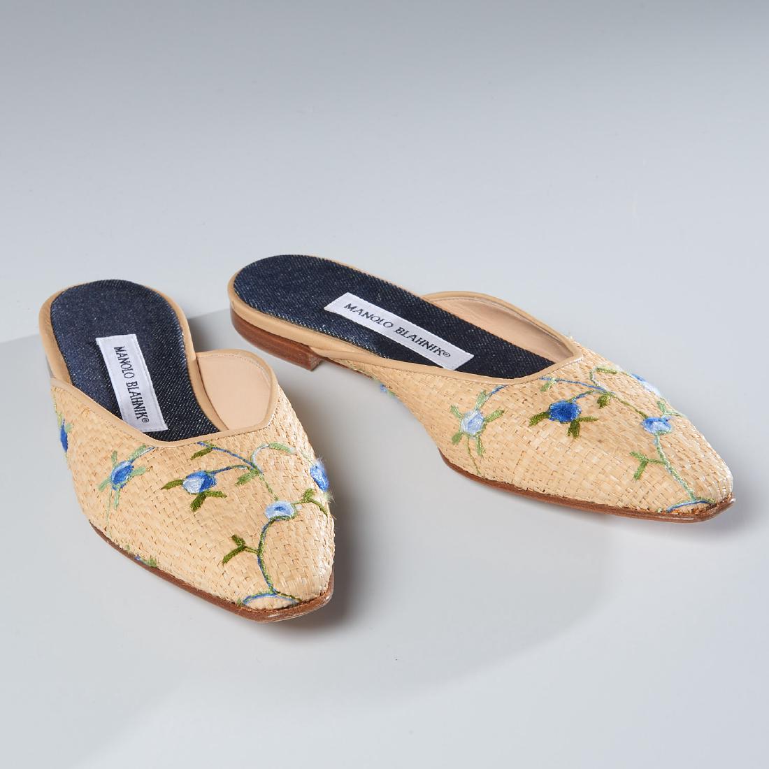 Manolo Blahnik raffia mules with embroidery: Manolo Blahnik raffia mules with embroidery, Early 2000's, floral design in blues, denim lined, size 37.5 Provenance: From a New Canaan, CT single owner clothing collection