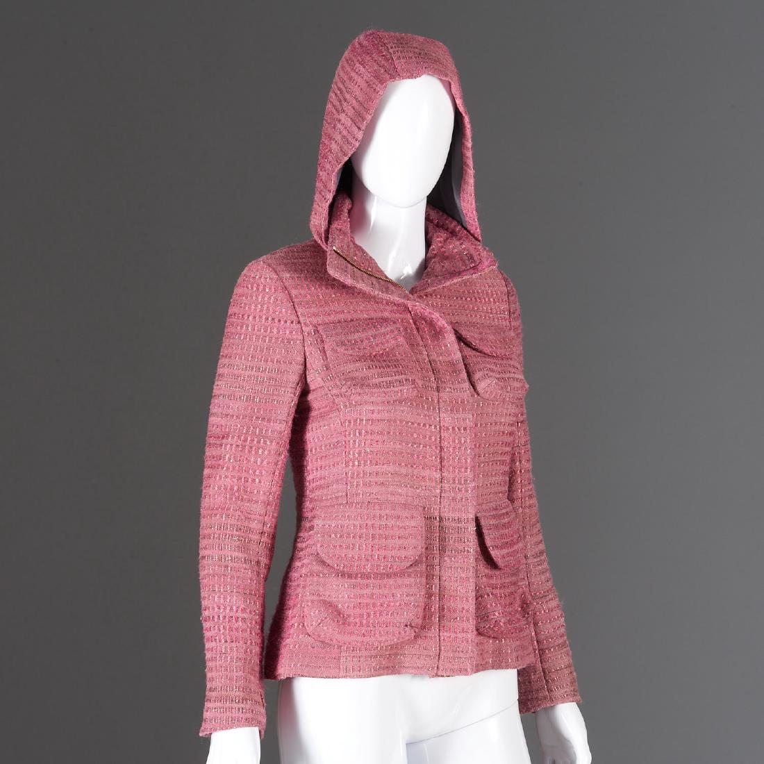 Tuleh pink silk blend hooded jacket: Tuleh pink silk blend hooded jacket, Early 2000's, knit with metallic thread detail, (4) snap button pockets, zippered hood compartment, zippered sleeves, silk lined, size (4), 34.5"b, 29"w, 13"sh, 22
