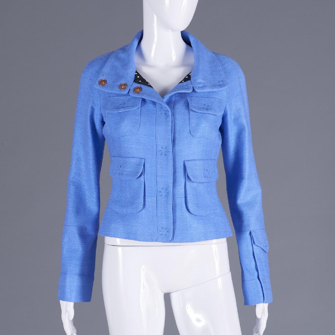 Tuleh marine blue crop jacket: Tuleh marine blue crop jacket, Early 2000's, raw silk with black white polka dot silk lining, snap front, (4) front pockets, (3) button sleeves, (1) sleeve pocket, size 2, 34.5"b, 15" sh, 24"sl, 20"l 