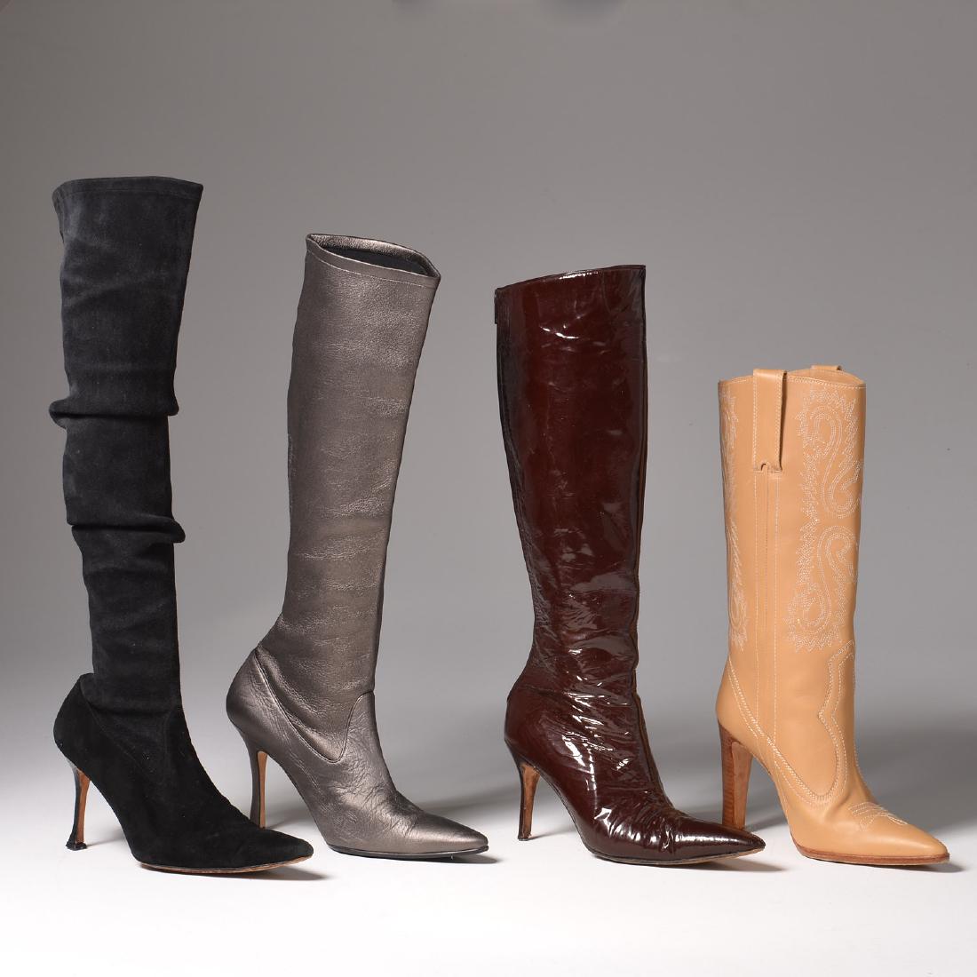 Group of Manolo Blahnik boots: Group of Manolo Blahnik boots, Early 2000's, (4) including: (1) black suede, size 36.5, heel 3.25", 23"h, (1) gun metal metallic neoprene, size 36.5, heel 4", 19"h, (1) brown patent leather, size 36,