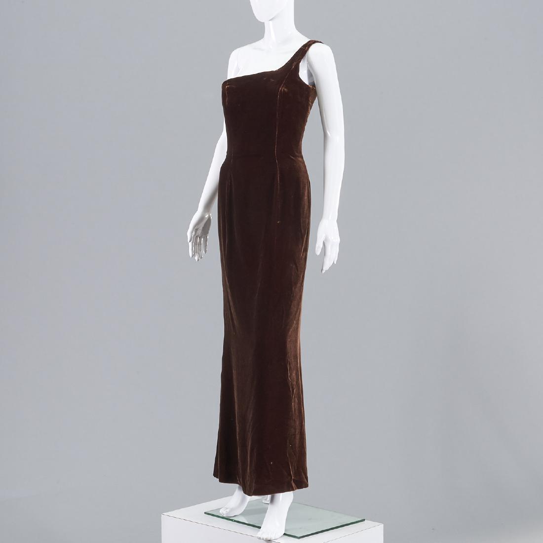 Giorgio Armani brown velvet evening gown: Giorgio Armani brown velvet evening gown, Early 2000's, one shoulder style, zip back, center slit to back, size 4, 34"b, 26"w, 56"l