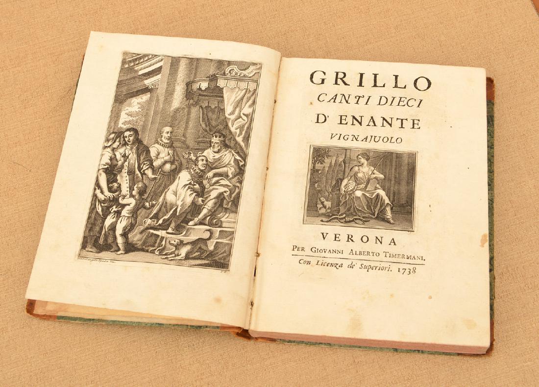 Book: Grillo, "Canti Dieci d'Entante Vignaiuolo": Book: Grillo, "Canti Dieci d'Entante Vignaiuolo", Verona (18th c.), leather spined book, 1738, incl. 10 songs, each with etched illustration header, 7.75"h x 6"w