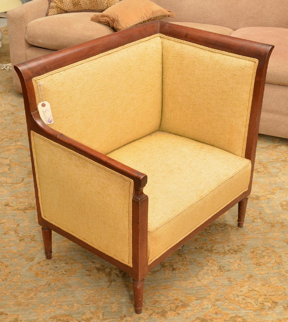 Biedermeier style mahogany bergere: Biedermeier style mahogany bergere, 20th c., asymmetrical armrests, 31"h x 30"w x 23"d
