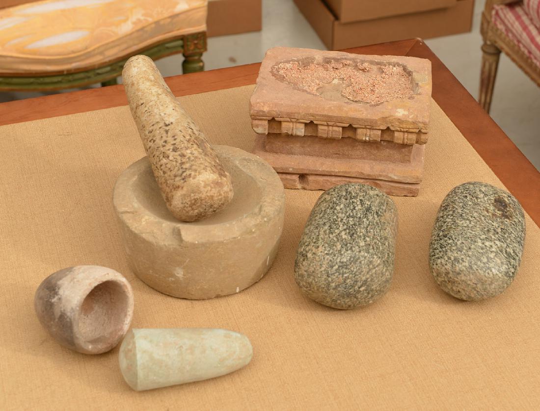 Group ancient stone mortar, pestle, metate & manos (1 of 4)