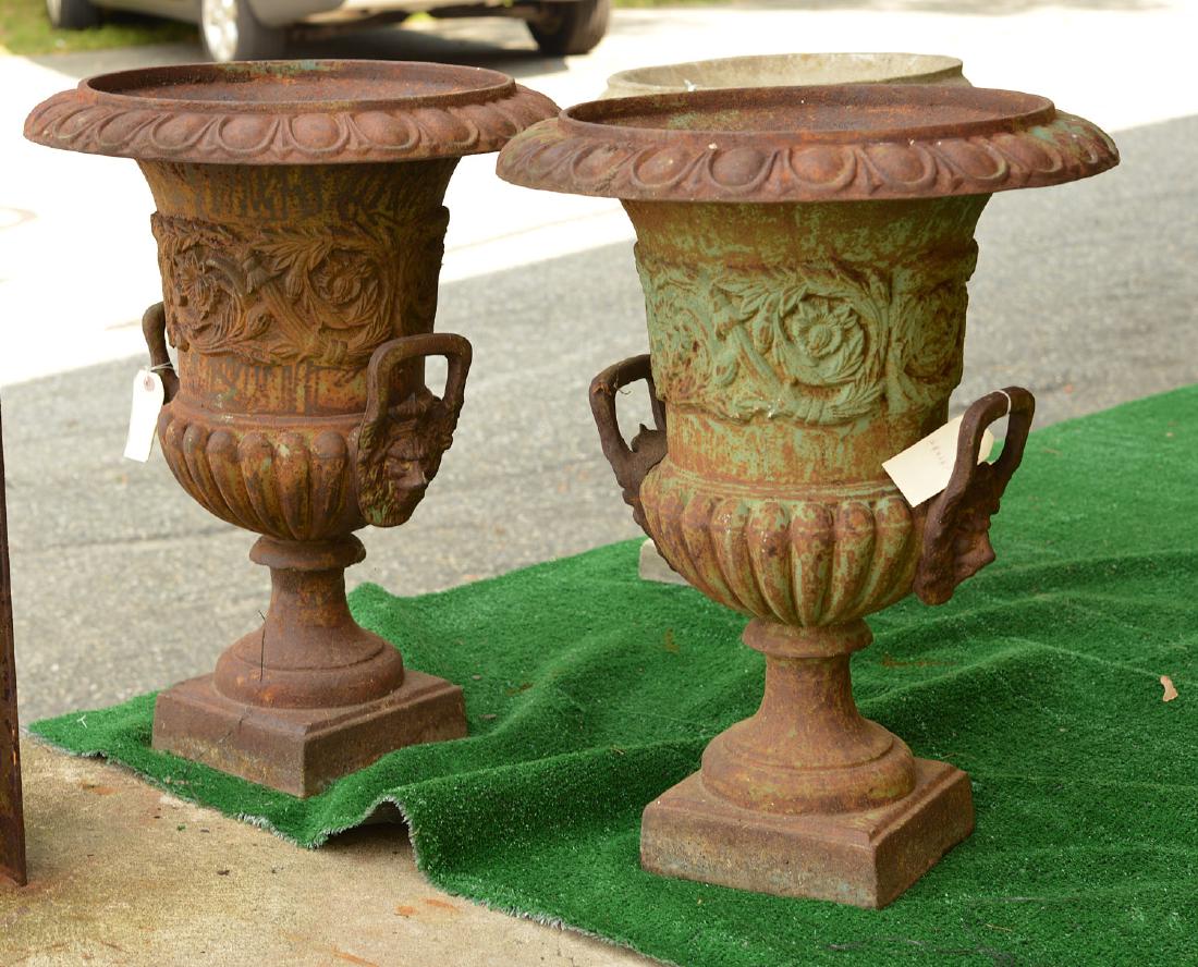 Pair cast iron campana form garden urns: Pair cast iron campana form garden urns, 20th c., green patina, 24"h x 19.5"dia.