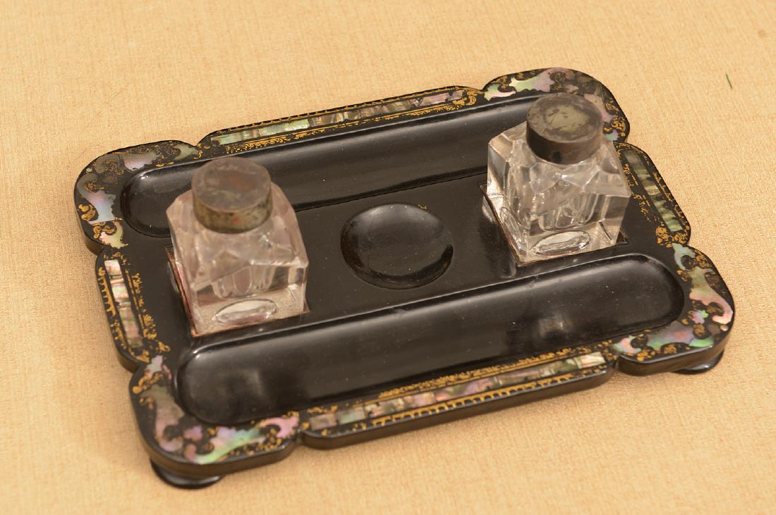 Victorian papier mache, mother-of-pearl inkwell (1 of 5)