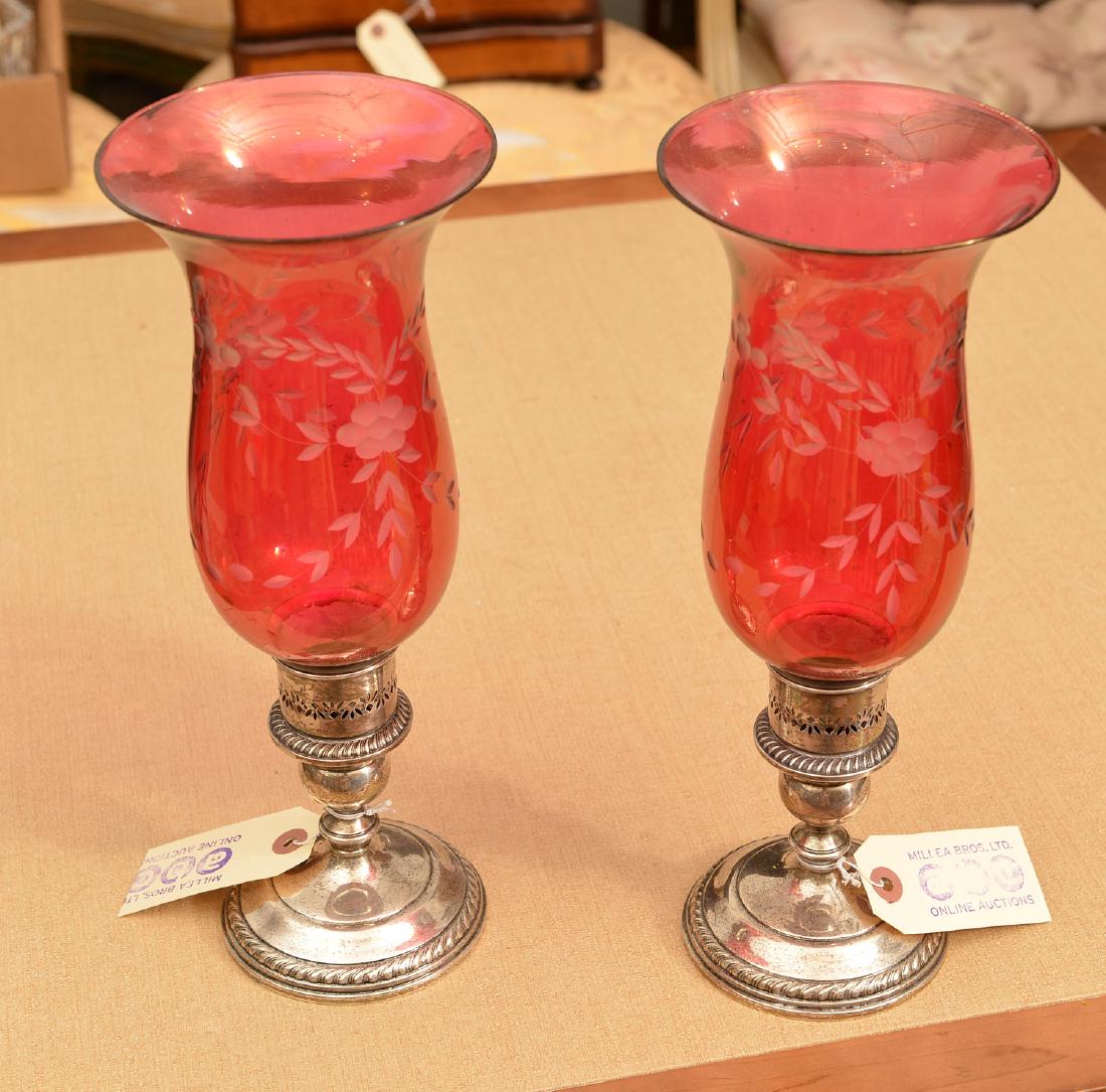 Gorham silver candleholders with cranberry shades (1 of 5)