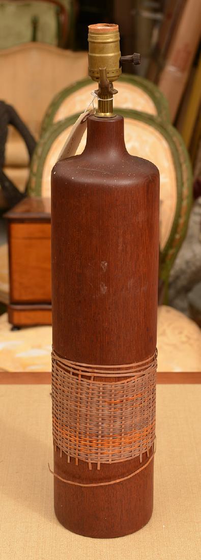 Raymor style Modernist teak table lamp: Raymor style Modernist teak table lamp, 20th c., rattan banding, unmarked, 23"h (top top of socket)