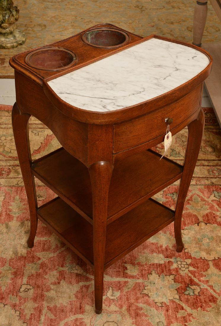 French Provinicial marble top walnut wine table: French Provinicial marble top walnut wine table, 19th c., recessed copper liners, 29"h x 19.25"w x 17.75"d