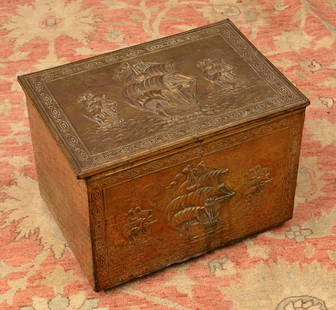 English chased brass coal box: English chased brass coal box, 19th/20th c., ship decoration, 13.5"h x 18"w x 12"d