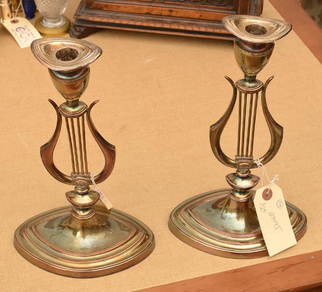 Pair English silver plated lyre stem candlesticks (1 of 6)