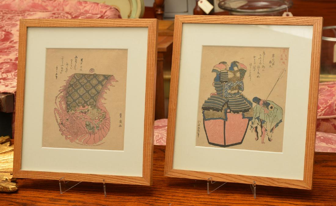 (2) Japanese woodcuts: Hiro and Hokusai: (2) Japanese woodcuts: Hiro and Hokusai, Toyo Hiro (Japanese, 1773-1828) "Fish Eaters Bad Dream" and Hokusai (Japanese, 1765-1780) "Samurai Armor", color woodcuts, framed
