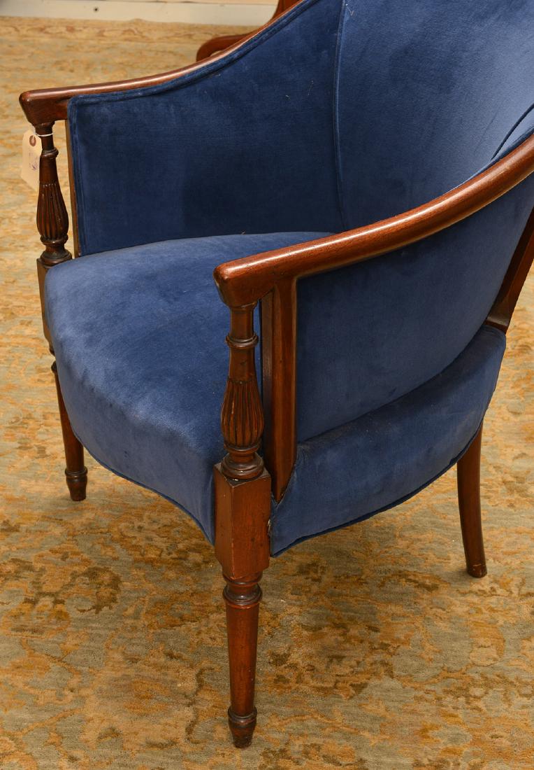 George III style mahogany bergere: George III style mahogany bergere, 20th c., blue velvet upholstery, 33"h x 24"w x 22"d