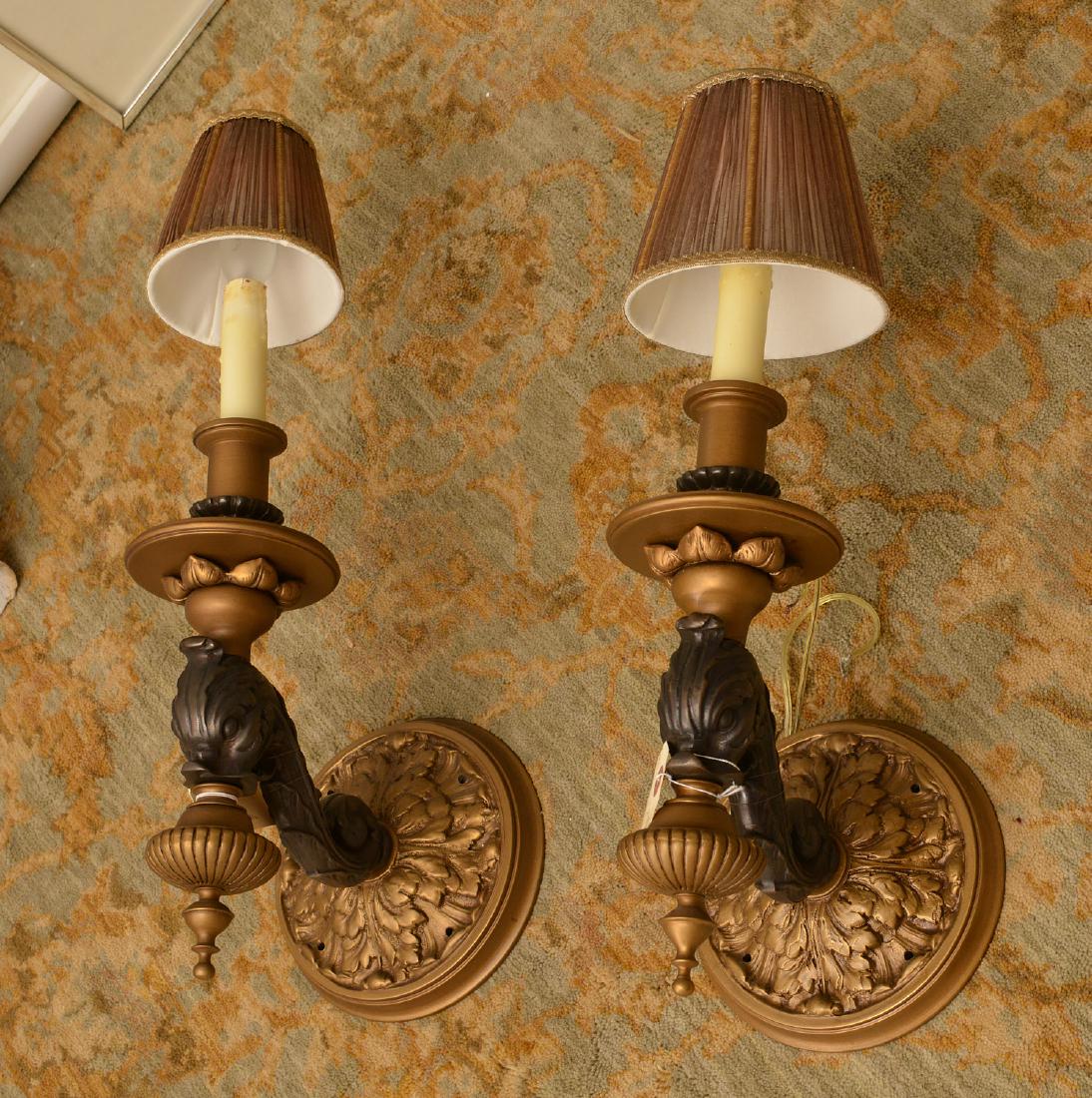 Pair bronze and ebony sconces: Pair bronze and ebony sconces, 20th c.,foliage design base, metallic fabric shades, 17"h x 6.5"w x 9"d