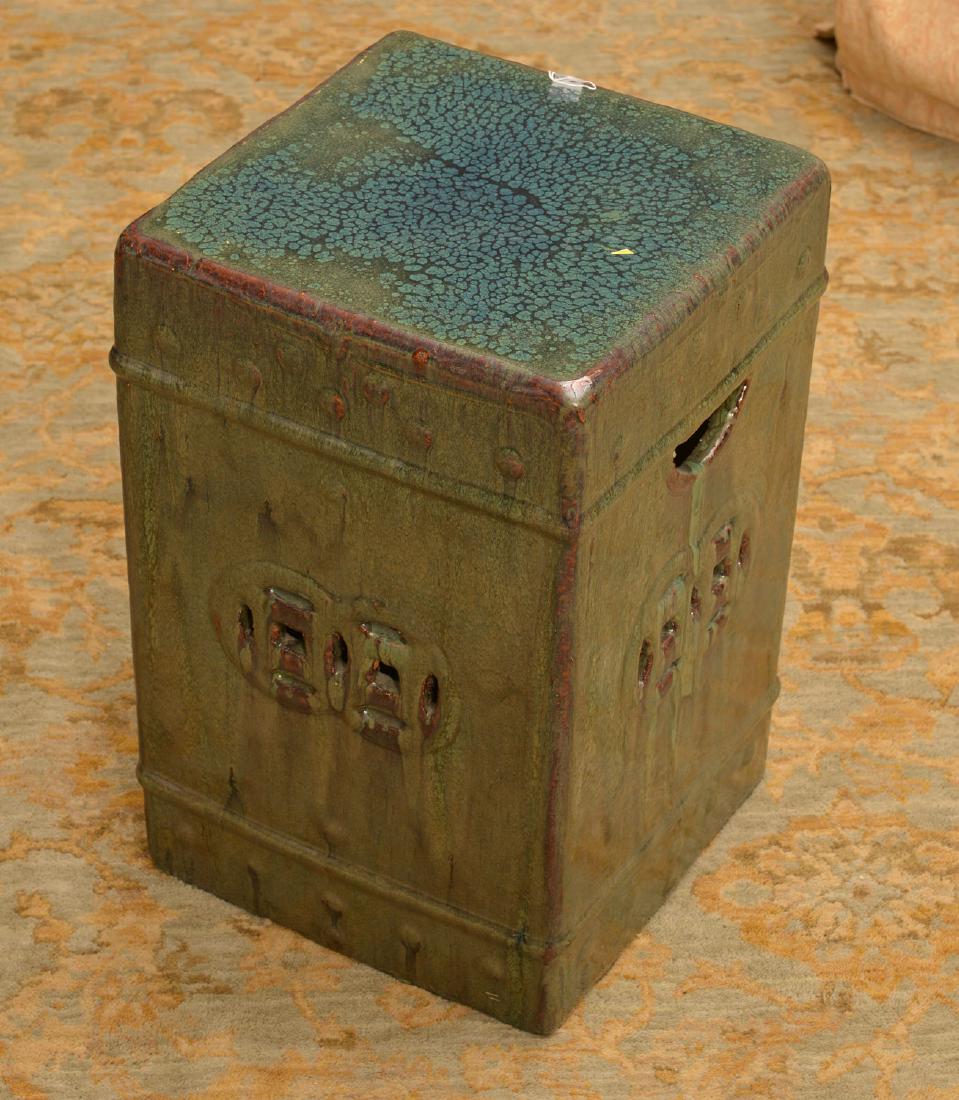 Chinese glazed ceramic square garden seat: Chinese glazed ceramic square garden seat, 20th c.,18"h x 12"squ.
