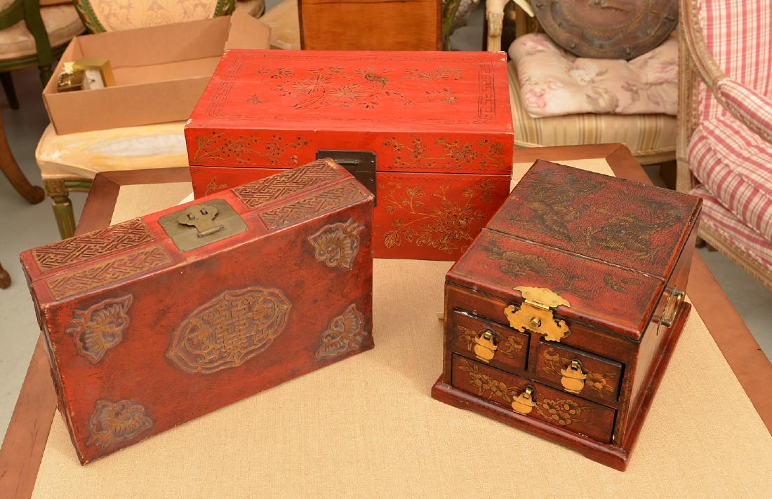 (3) Chinese red lacquered boxes (1 of 7)
