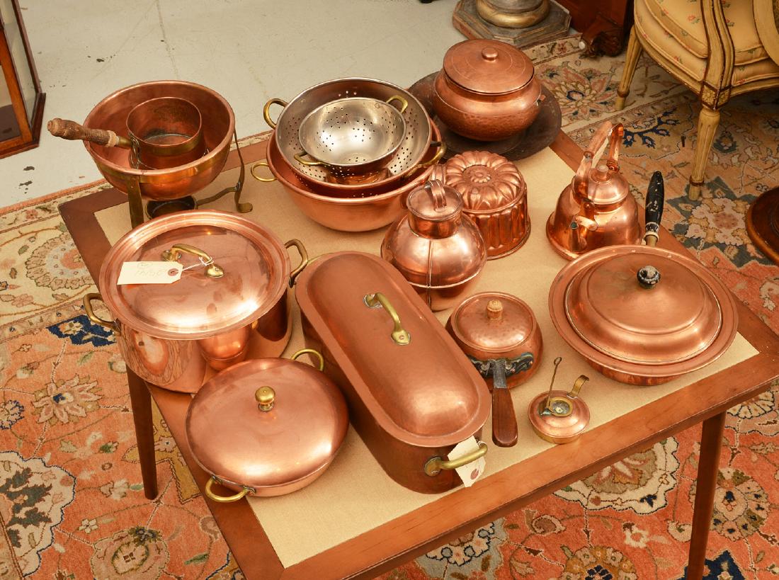 Large group antique and vintage copper cookware