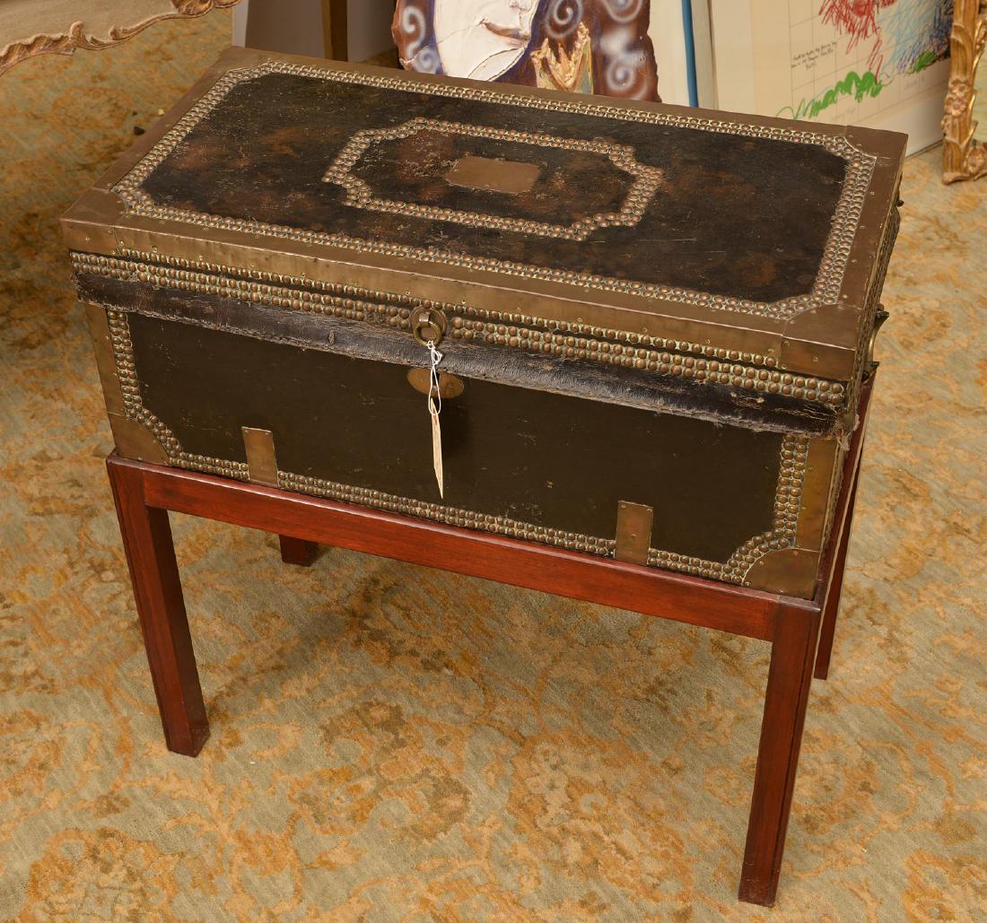 Chinese Export tacked leather trunk on stand (1 of 5)