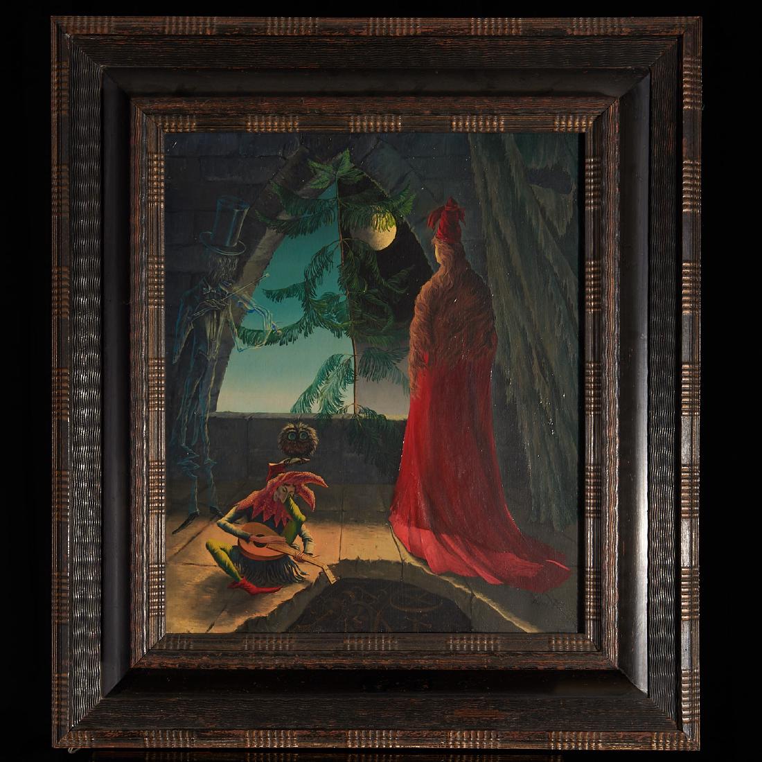 Pierre Ino, surreal painting: Pierre Ino, surreal painting, Pierre Ino (French, 1909-1989), "Jour et Nuit" surreal interior scape with a spectre playing violin, a jester playing lute, a fur shrouded animal figure and a lady in a r