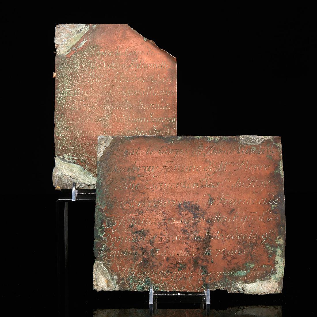 (2) antique French funerary plaques: (2) antique French funerary plaques, 17th/18th c., French, engraved bronze grave markers from famed Parisian cemeteries, first in French, dated 1684, 7"h x 8.5"w, second in French and Latin, dated 172