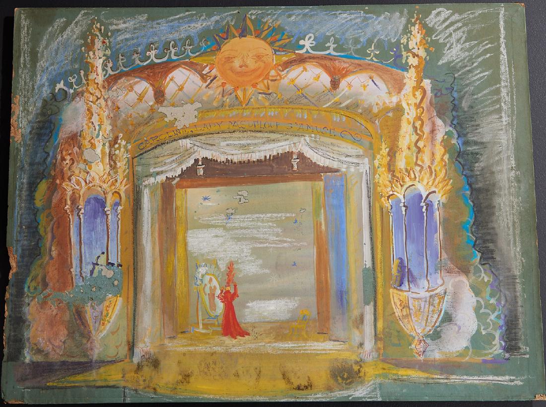 French School, theatre painting: French School, theatre painting, French School (19th/20th c.), "Caroline, Lady Pasdeloup S'Amuse", lady reflecting in a mirror surrounded by a grand cosmic stage, probably the "Cirque d'Hiver", gouach