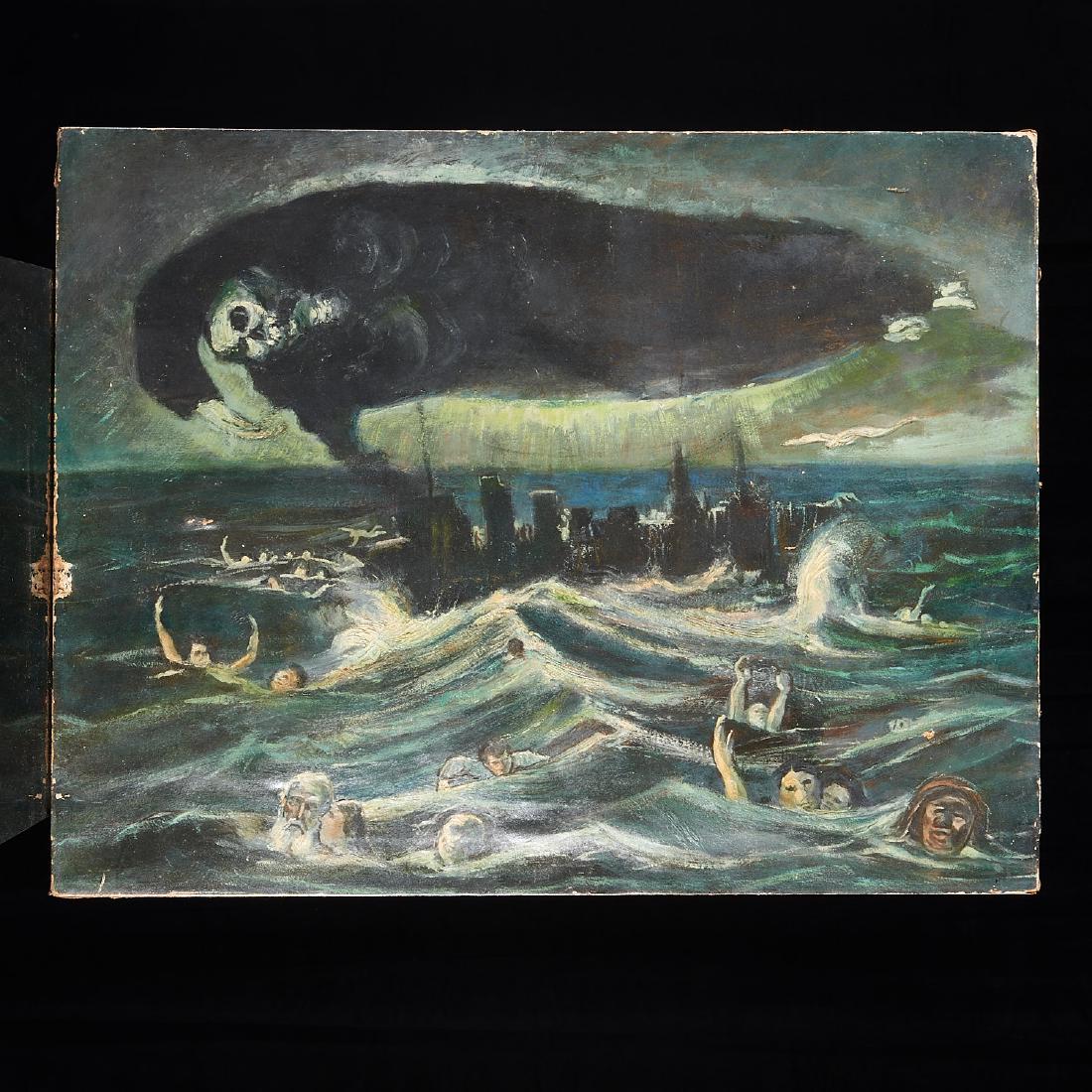 Manner of William Blake, terrifying painting: Manner of William Blake, terrifying painting, Manner of William Blake (19th/20th c.), City sinking beneath ocean waves as people struggle to swim and a massive phantom specter floats ominously above t
