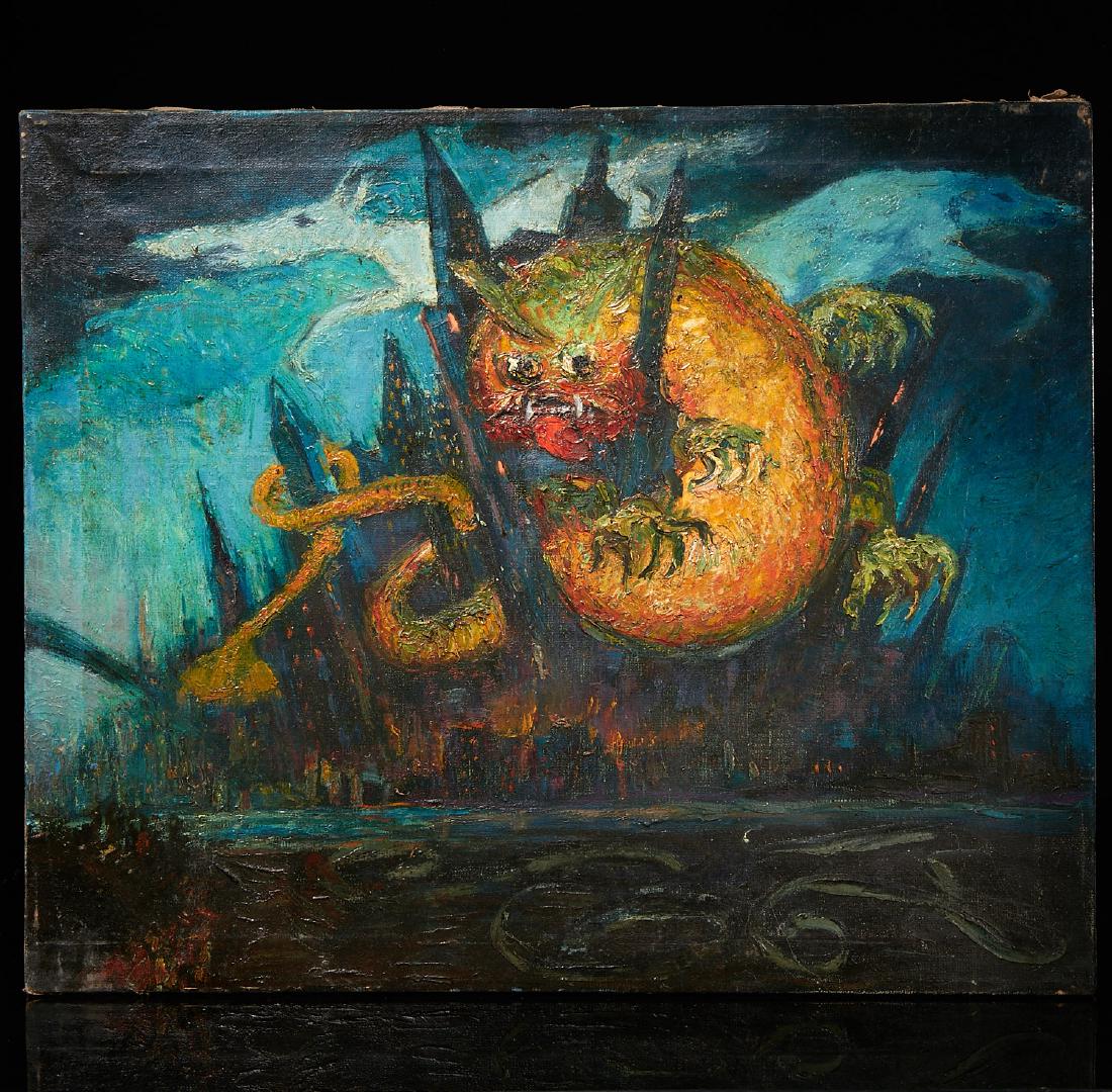 Manner of William Blake, terrifying painting: Manner of William Blake, terrifying painting, Manner of William Blake, (American/British, 19th/20th c.), Serpent monster surrounding by ghostly hounds devouring a city, oil on canvas, unsigned, 20"h x