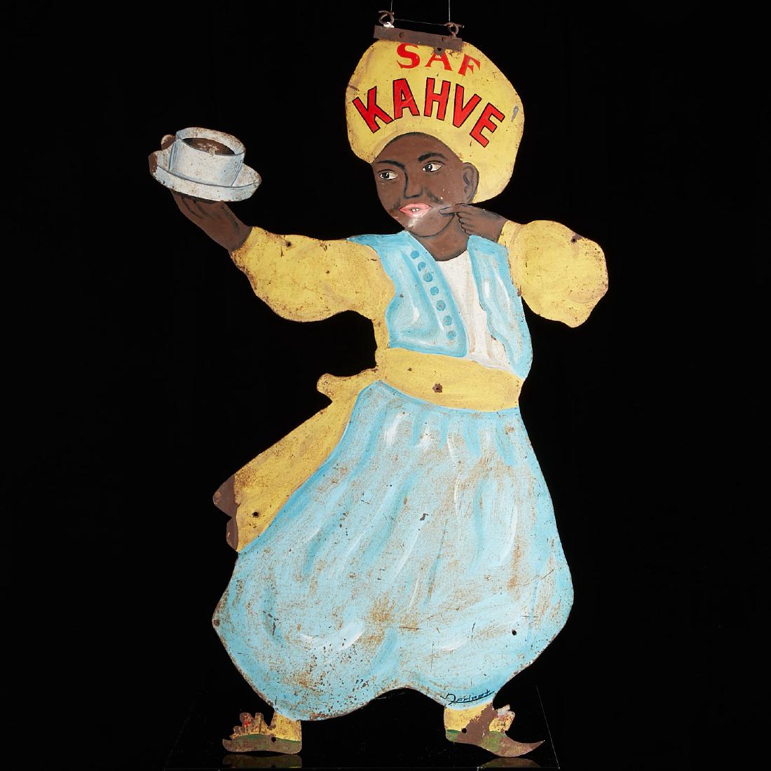 Antique Turkish painted metal coffee sign: Antique Turkish painted metal coffee sign, 19th/20th c., signed "Nedret", cut out and beautifully painted, depicting a turbaned and robed man offering coffee in cup and saucer, "SAF KAHVE" written acr